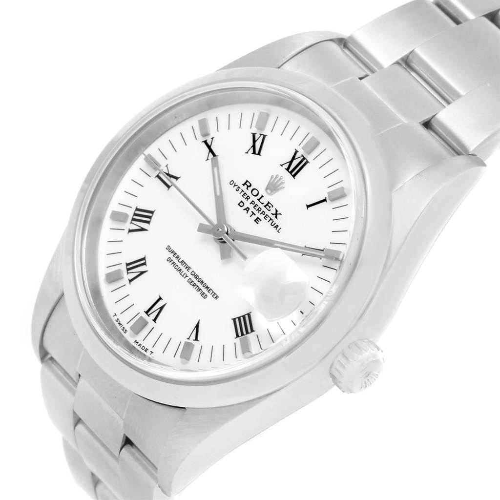 The Rolex Date 15200 Men's Stainless Steel White Dial 15200 Men's Stainless Steel White Dial model watch is shown at an oblique angle highlighting the face, bracelet, crown, and date magnifier.