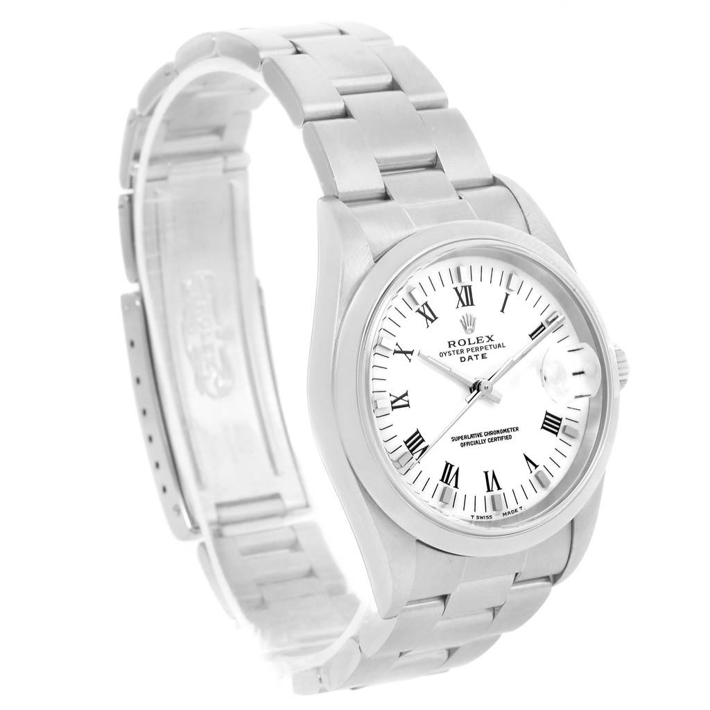 The Rolex Date 15200 Men's Stainless Steel White Dial 15200 Men's Stainless Steel White Dial model watch is shown at a slight angle displaying its face, bracelet, and partially open clasp.