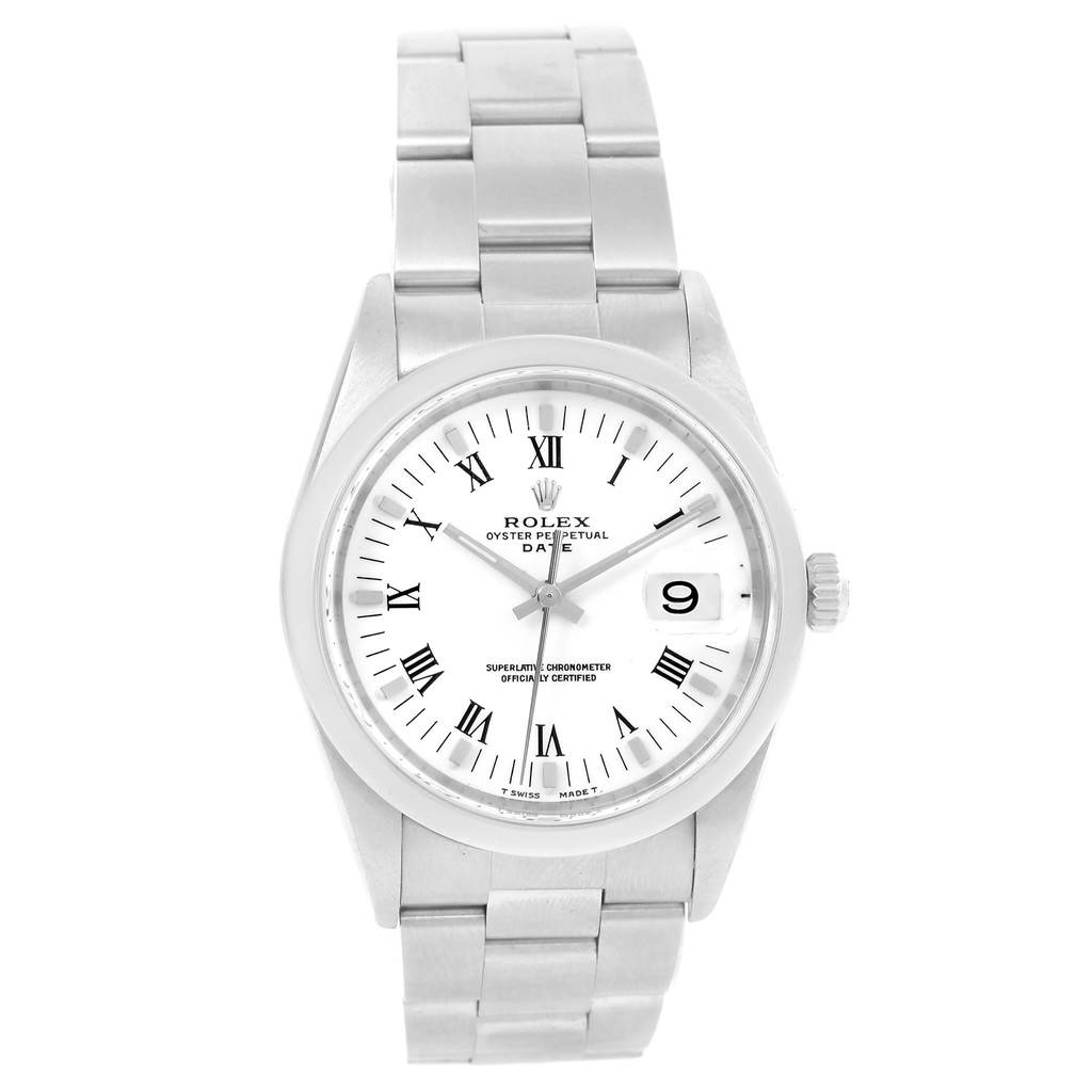 The image shows a Rolex Date 15200 Men's Stainless Steel White Dial 15200 Men's Stainless Steel White Dial model watch from a front angle, displaying the face, bezel, and bracelet.