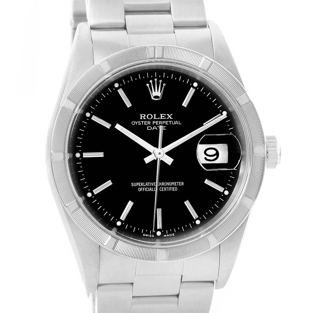 The image shows a front view of the Rolex Date 15210 Men's Stainless Steel Black Dial 15210 Men's Stainless Steel Black Dial model watch, highlighting the black dial, date window, and silver bracelet.
