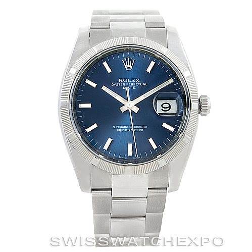 This image shows a front view of a Rolex Date 115210 Men's Stainless Steel Blue Dial 115210 Men's Stainless Steel Blue Dial watch with a blue dial and fluted bezel.
