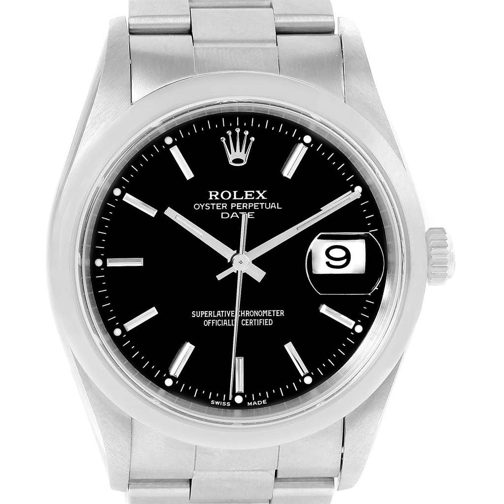 The image shows a front view of a Rolex Oyster Perpetual Date watch, highlighting the dial, hands, date window, and part of the bracelet.