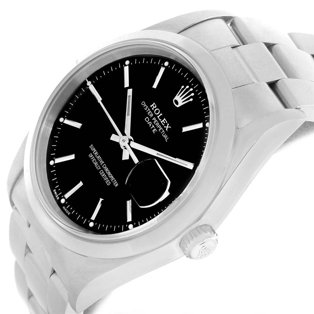 The image shows a Rolex Date 15200 Men's Stainless Steel Black Dial 15200 Men's Stainless Steel Black Dial model watch at an angled view, highlighting the dial, bezel, crown, and bracelet.