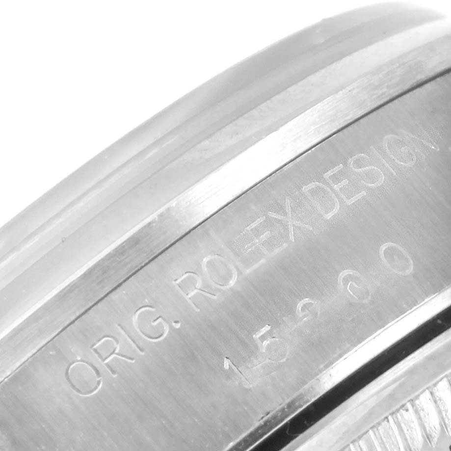 This image shows a close-up of the outer case back with engravings on a Rolex Date 15200 Men's Stainless Steel Black Dial 15200 Men's Stainless Steel Black Dial model watch.