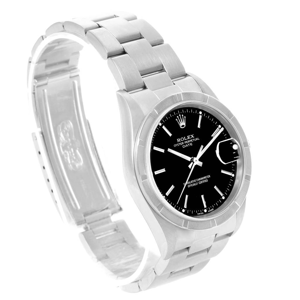 The image shows a Rolex Date 15210 Men's Stainless Steel Black Dial 15210 Men's Stainless Steel Black Dial model watch at an angled view highlighting the dial, bezel, and partially open bracelet.