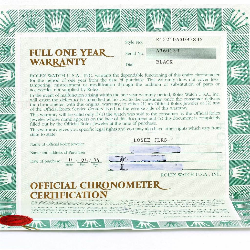 The image shows the warranty certificate for a Rolex Date 15210 Men's Stainless Steel Black Dial 15210 Men's Stainless Steel Black Dial model watch, including the official document and details.