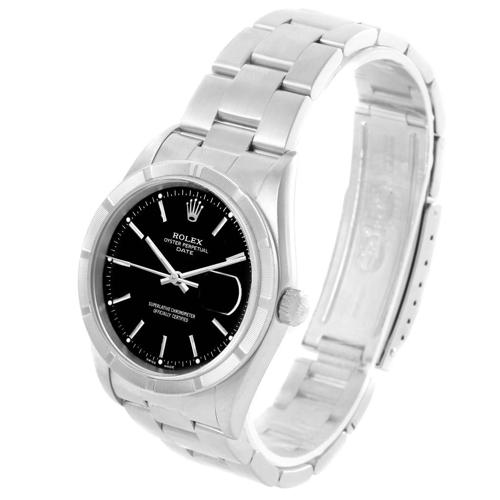 The Rolex Date 15210 Men's Stainless Steel Black Dial 15210 Men's Stainless Steel Black Dial watch is shown at a three-quarter angle, displaying the face, bezel, crown, and metal bracelet.