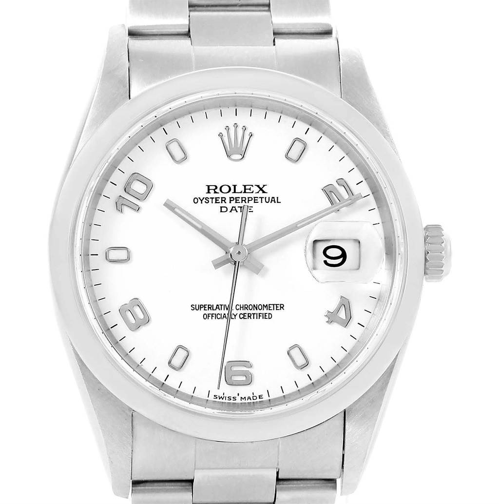 The image shows a front view of a Rolex Date 15200 Men's Stainless Steel White Dial 15200 Men's Stainless Steel White Dial model watch, displaying its dial, bezel, crown, and part of its bracelet.