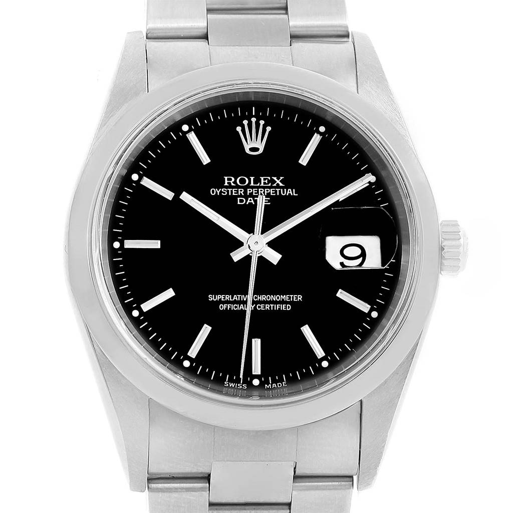 This image shows a front view of a Rolex Date 15200 Men's Stainless Steel Black Dial 15200 Men's Stainless Steel Black Dial model watch, highlighting the face, bezel, bracelet, crown, and date window.