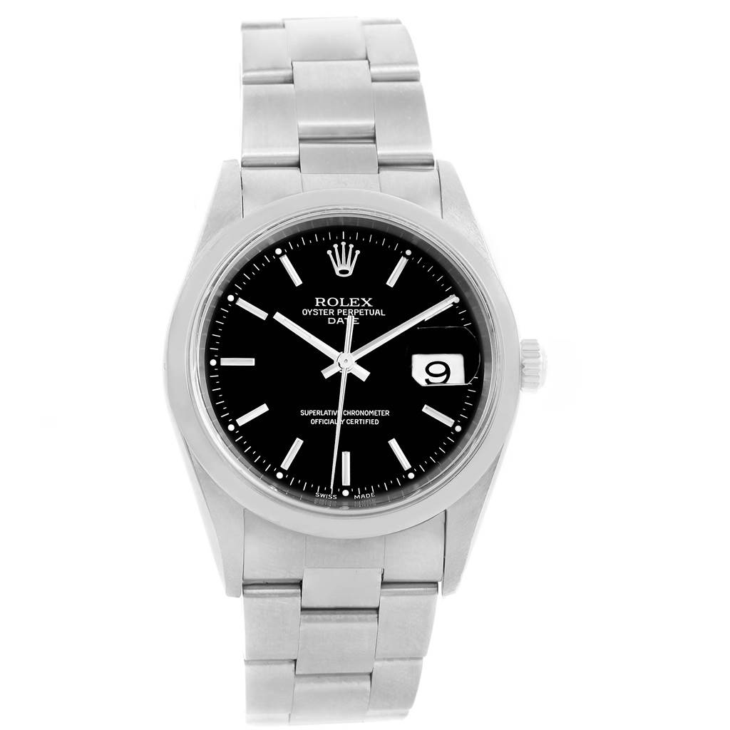 The image shows a front view of a Rolex Oyster Perpetual Date watch, including its bracelet, bezel, dial, and date window.