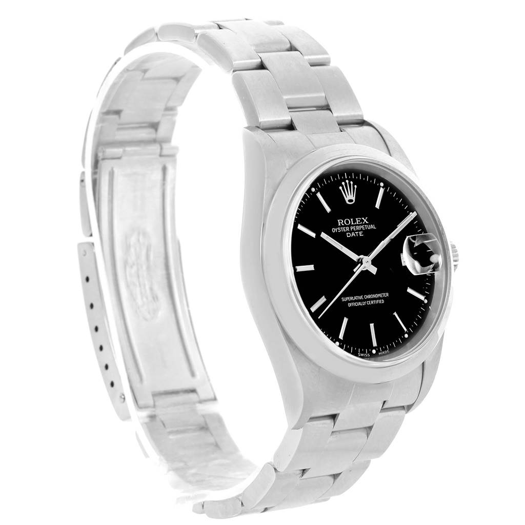 The image shows a Rolex Date 15200 Men's Stainless Steel Black Dial 15200 Men's Stainless Steel Black Dial watch angled to display the face, bracelet, and part of the clasp.