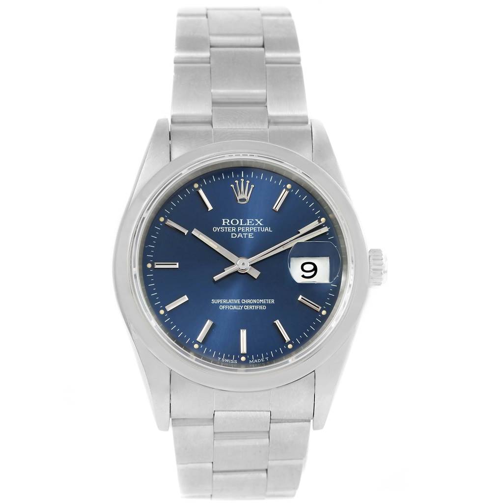 The Rolex Date 15200 Men's Stainless Steel Blue Dial 15200 Men's Stainless Steel Blue Dial model watch is shown from a front view, displaying its face, hands, date window, and part of the bracelet.