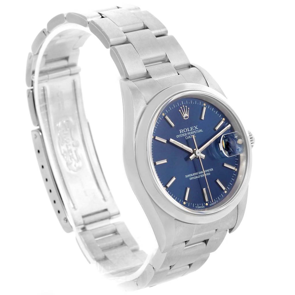 The image shows a Rolex Date 15200 Men's Stainless Steel Blue Dial 15200 Men's Stainless Steel Blue Dial model watch from an angled side view, highlighting the blue dial, case, and metal bracelet.