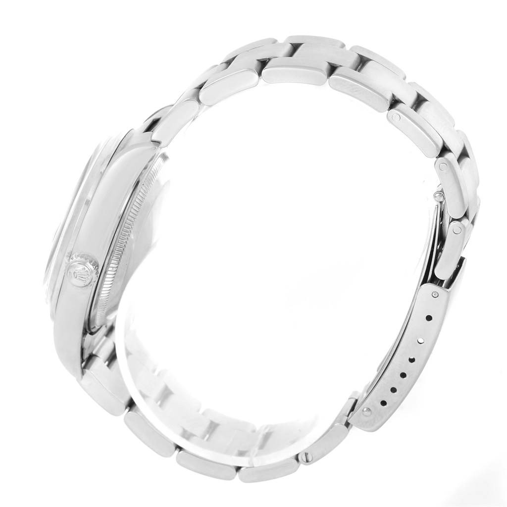 This side-view image shows the stainless steel bracelet, clasp, and case of the Rolex Date 15200 Men's Stainless Steel Blue Dial 15200 Men's Stainless Steel Blue Dial model watch.