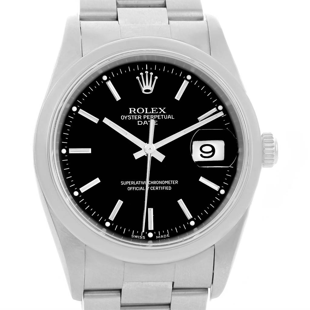 The image shows a front view of a Rolex Date 15200 Men's Stainless Steel Black Dial 15200 Men's Stainless Steel Black Dial model watch, displaying its face, bezel, crown, and part of the bracelet.