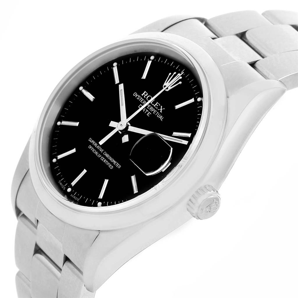 This image shows a Rolex Date 15200 Men's Stainless Steel Black Dial 15200 Men's Stainless Steel Black Dial model watch from a three-quarter angle, highlighting its black dial, bracelet, and crown.