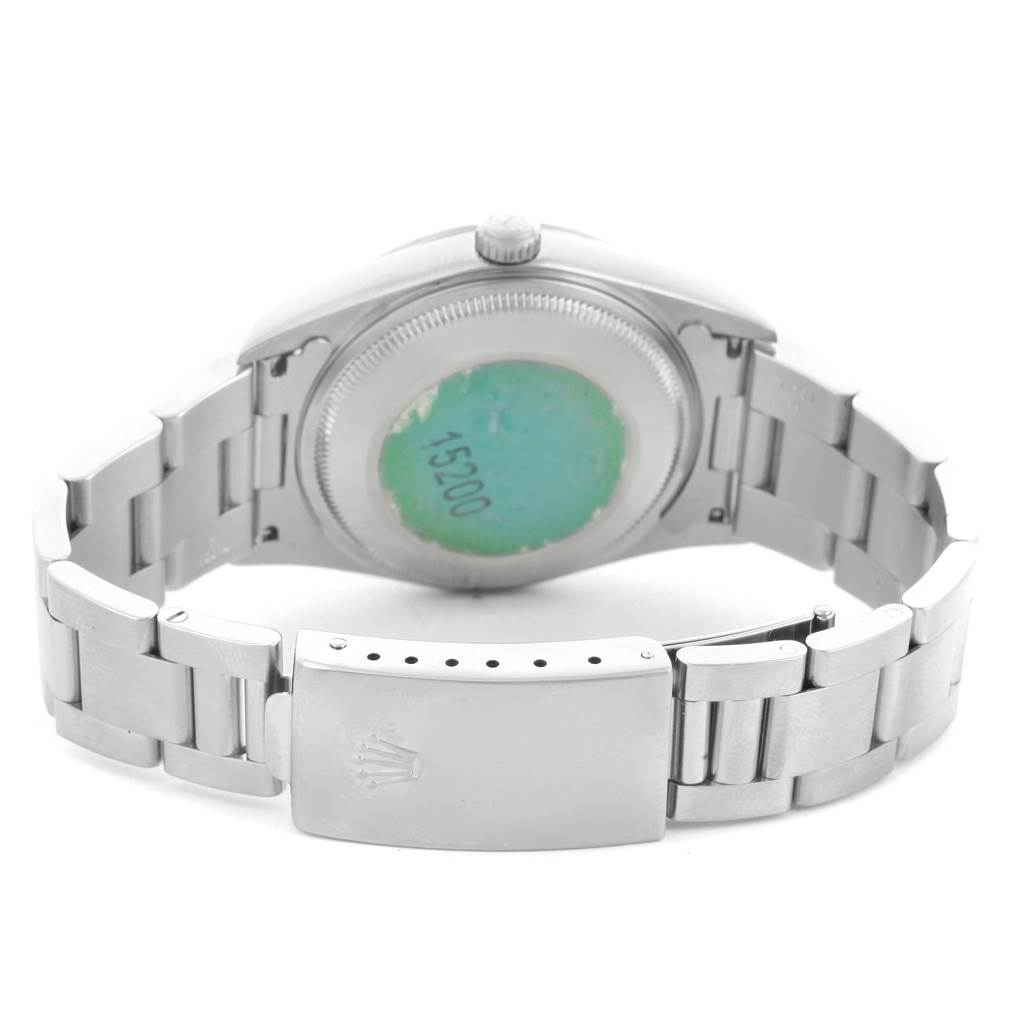 The image shows the back view of a Rolex Date 15200 Men's Stainless Steel Black Dial 15200 Men's Stainless Steel Black Dial model watch, displaying its case, bracelet, and clasp.