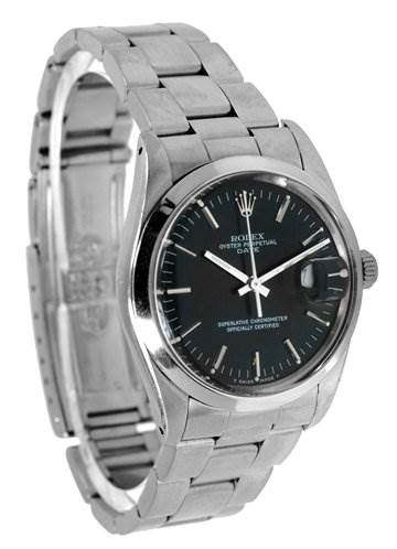 The image shows a Rolex Date 15000 Men's Stainless Steel  15000 Men's Stainless Steel  watch at a three-quarter angle, displaying the face, bezel, and part of the bracelet.
