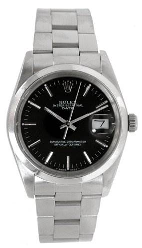 The image shows a front view of the Rolex Date 15000 Men's Stainless Steel  15000 Men's Stainless Steel  model watch, displaying its black dial, date window, and stainless steel bracelet.
