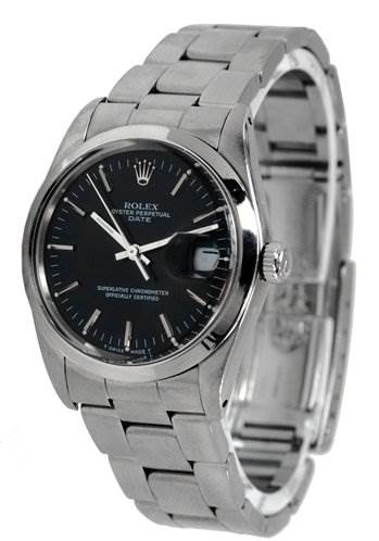 The image displays a Rolex Date 15000 Men's Stainless Steel  15000 Men's Stainless Steel  model watch, showing its black dial, stainless steel case, and bracelet from an angled side view.