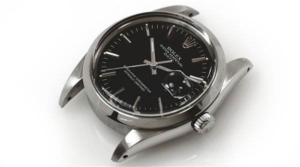 This Rolex Date 15000 Men's Stainless Steel  15000 Men's Stainless Steel  model watch is shown from a diagonal angle, highlighting the case, dial, and crown.