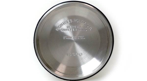 This image shows the interior case back of a Rolex Date 15000 Men's Stainless Steel  15000 Men's Stainless Steel  model watch.
