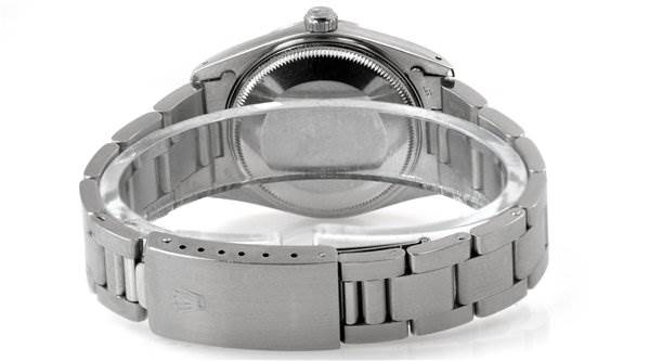 The image shows the back case and bracelet of a Rolex Date 15000 Men's Stainless Steel  15000 Men's Stainless Steel  model watch, with the clasp and crown clearly visible.