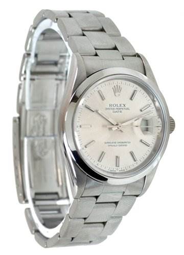 This image shows a Rolex Date 15200 Men's Stainless Steel Silver Dial 15200 Men's Stainless Steel Silver Dial model watch at a three-quarter angle, highlighting the face, bezel, and bracelet.