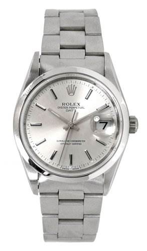 The image shows a frontal view of a Rolex Date 15200 Men's Stainless Steel Silver Dial 15200 Men's Stainless Steel Silver Dial model watch, highlighting its dial, bracelet, and date window.