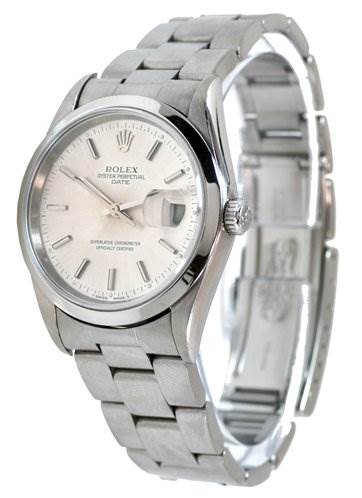 The image shows a side angle of the Rolex Date 15200 Men's Stainless Steel Silver Dial 15200 Men's Stainless Steel Silver Dial model watch, displaying its face, bracelet, and partially open clasp.