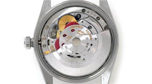 The image shows the internal mechanism of a Rolex Date 15200 Men's Stainless Steel Silver Dial 15200 Men's Stainless Steel Silver Dial model watch from a rear view.