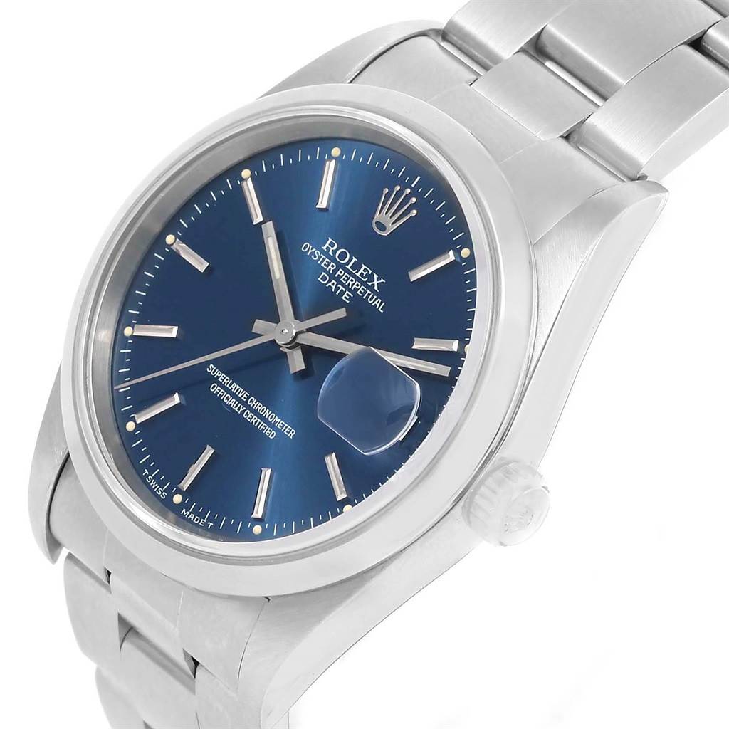 The Rolex Date 15200 Men's Stainless Steel Blue Dial 15200 Men's Stainless Steel Blue Dial model watch is shown at a three-quarter angle, highlighting its blue dial, crown, and bracelet.