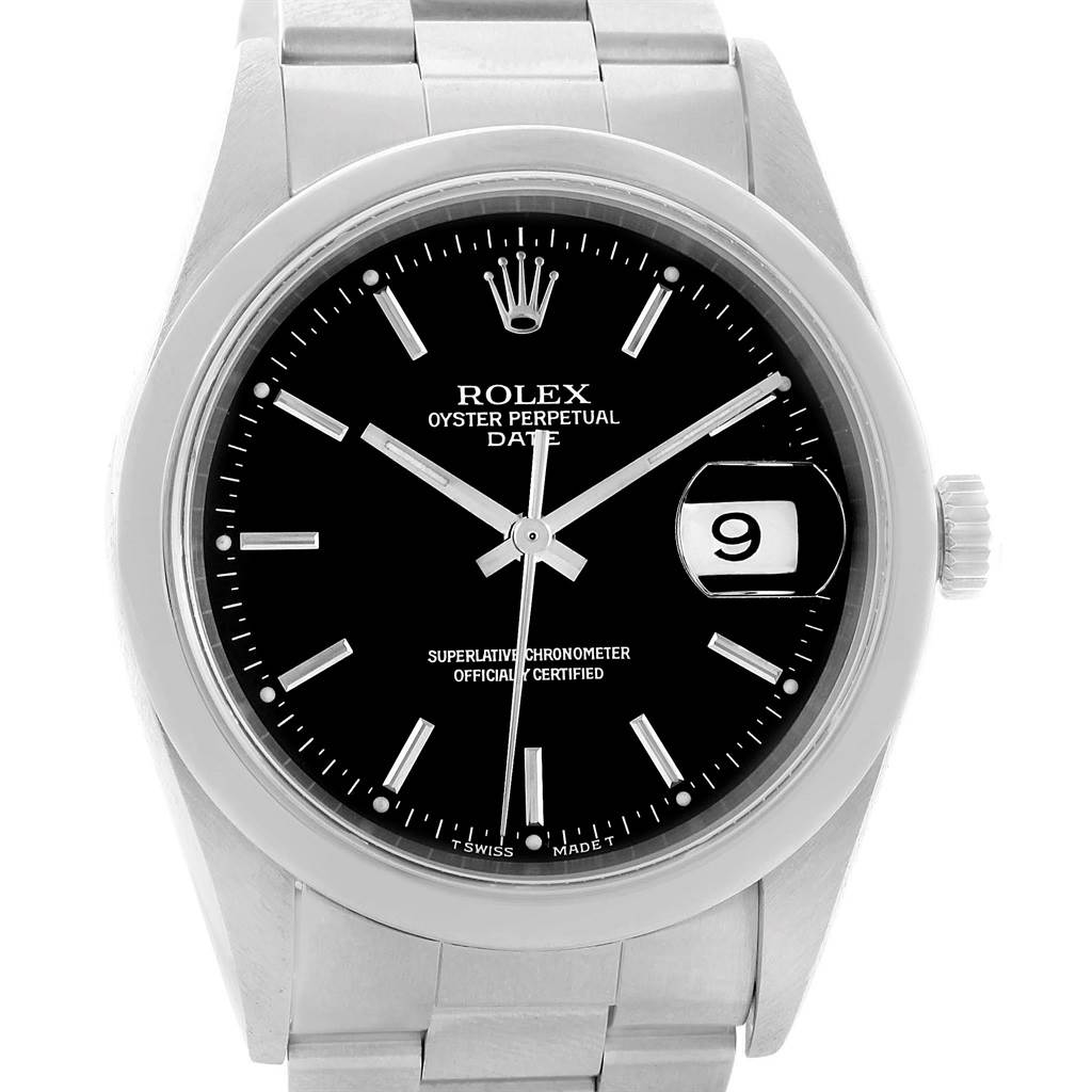 The image shows a front view of a Rolex Date 15200 Men
s Stainless Steel Black Dial 15200 Men
s Stainless Steel Black Dial model watch, highlighting the face, dial, date window, and part of the bracelet.