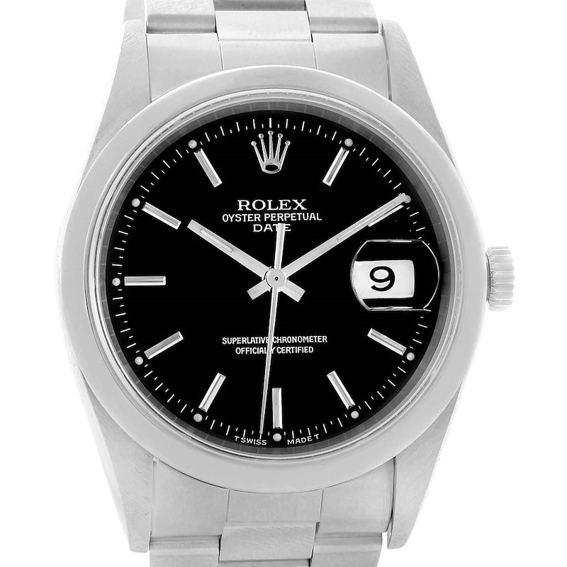 Rolex Date Black Baton Dial Stainless Steel Automatic Mens Watch 15200 SwissWatchExpo
