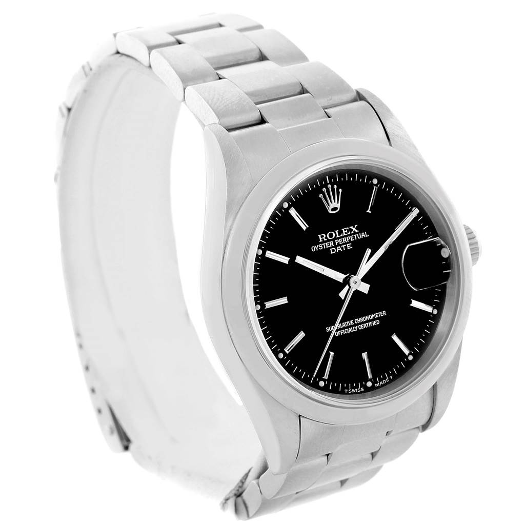 This Rolex Date 15200 Men
s Stainless Steel Black Dial 15200 Men
s Stainless Steel Black Dial features a stainless steel band and case, with a black dial, viewed at an angled close-up.