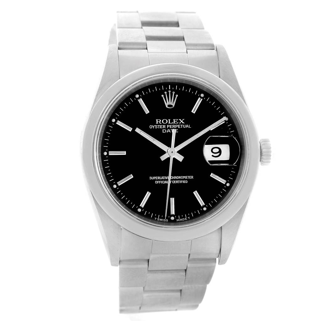 The Rolex Date 15200 Men
s Stainless Steel Black Dial 15200 Men
s Stainless Steel Black Dial model watch is shown from the front, highlighting the black dial, date window, and stainless steel bracelet.