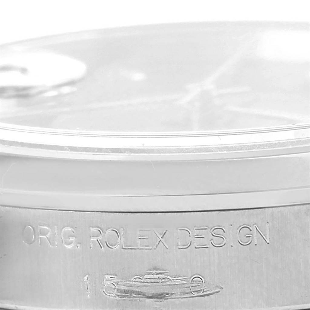 The image shows a close-up of the side case with the engraved text on the Rolex Date 15200 Men
s Stainless Steel Black Dial 15200 Men
s Stainless Steel Black Dial model watch.