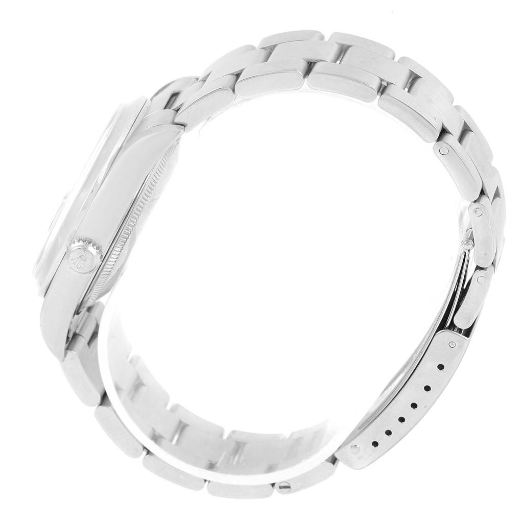 The image shows a side view of the Rolex Date 15200 Men
s Stainless Steel Black Dial 15200 Men
s Stainless Steel Black Dial model watch, highlighting the bracelet and crown.