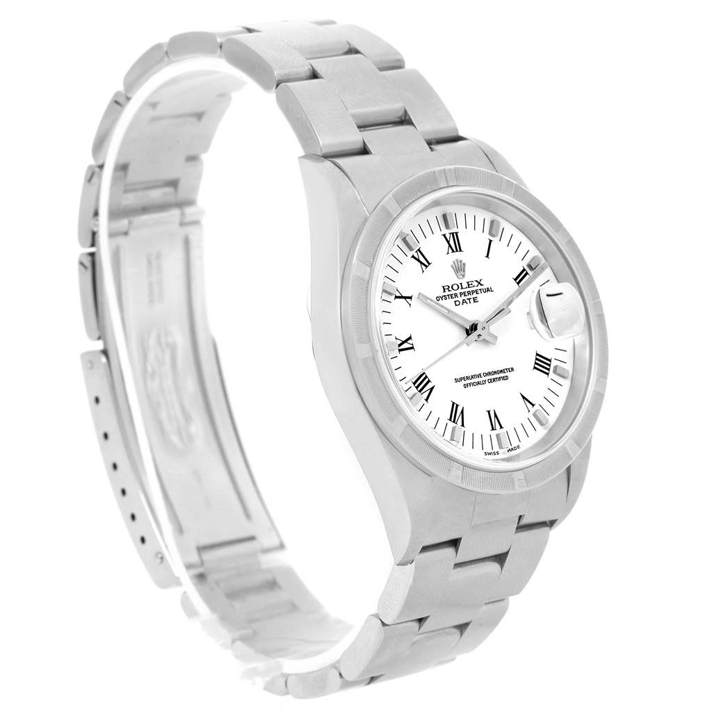 The image shows a side angle of a Rolex Date 15210 Men's Stainless Steel White Dial 15210 Men's Stainless Steel White Dial model watch focusing on the dial, bezel, and bracelet.