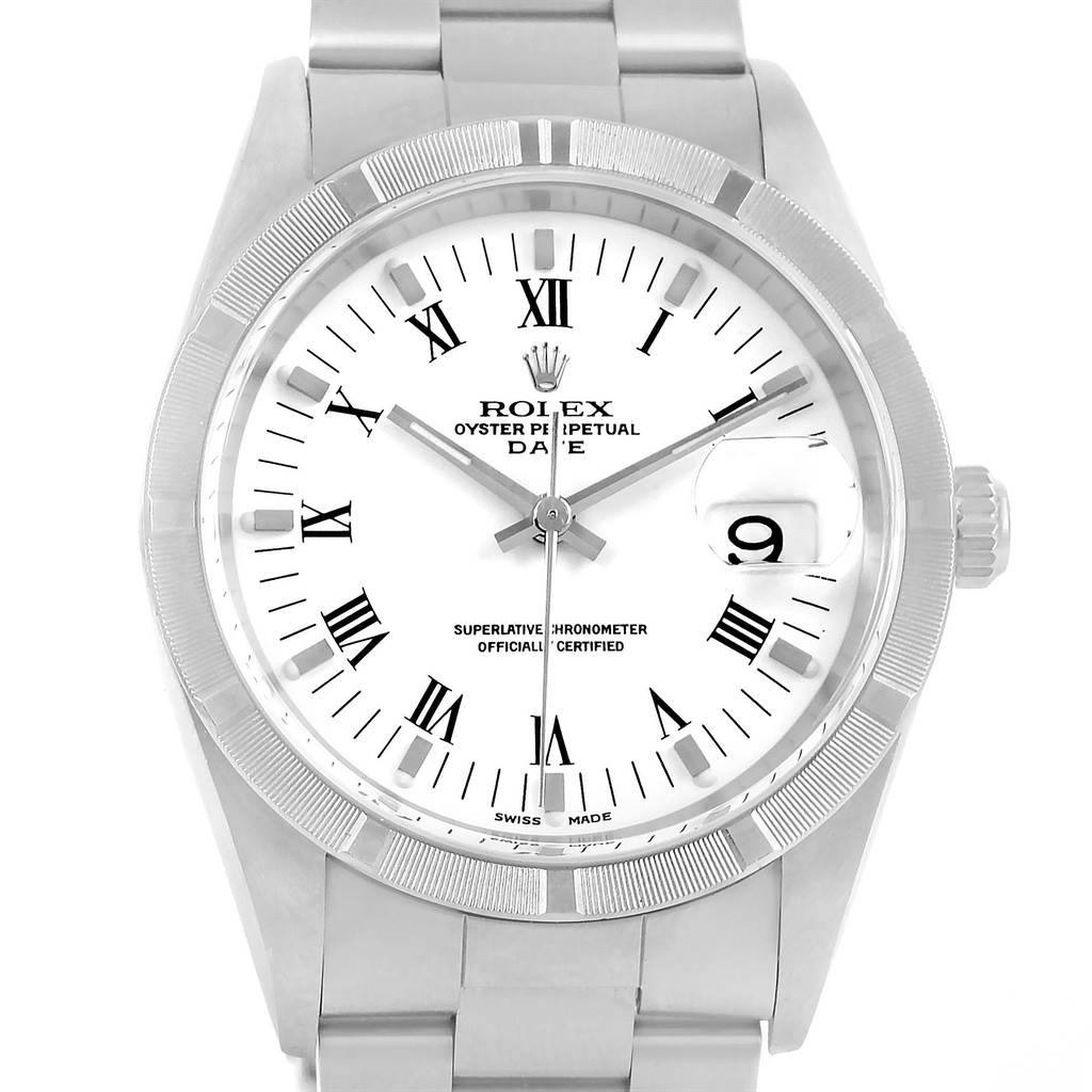 The Rolex Date 15210 Men's Stainless Steel White Dial 15210 Men's Stainless Steel White Dial model watch is shown in a front-facing angle, displaying the dial, hands, date window, and bracelet.