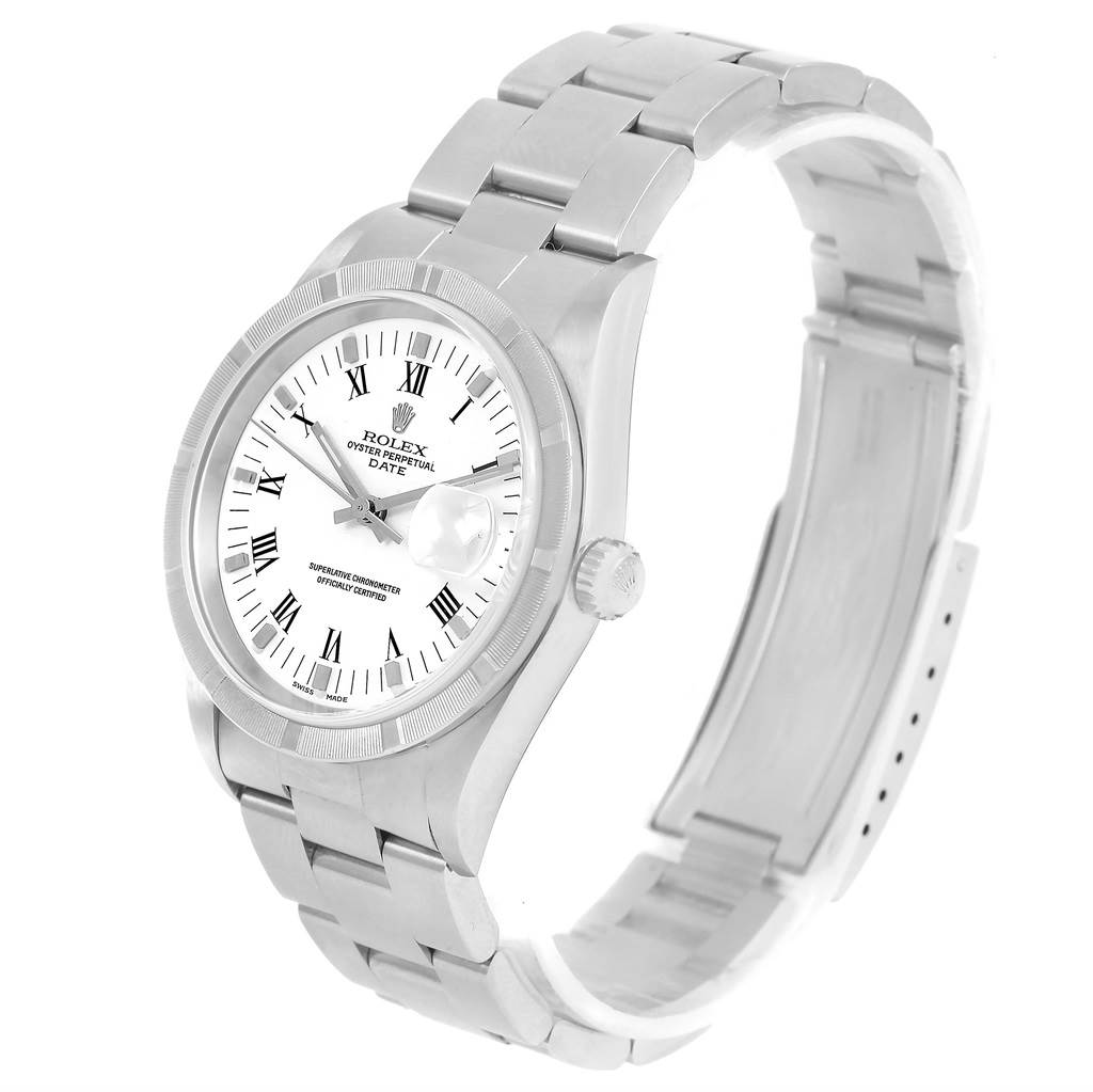 This image shows a Rolex Date 15210 Men's Stainless Steel White Dial 15210 Men's Stainless Steel White Dial model watch at a slight angle, featuring the dial, bezel, and bracelet.