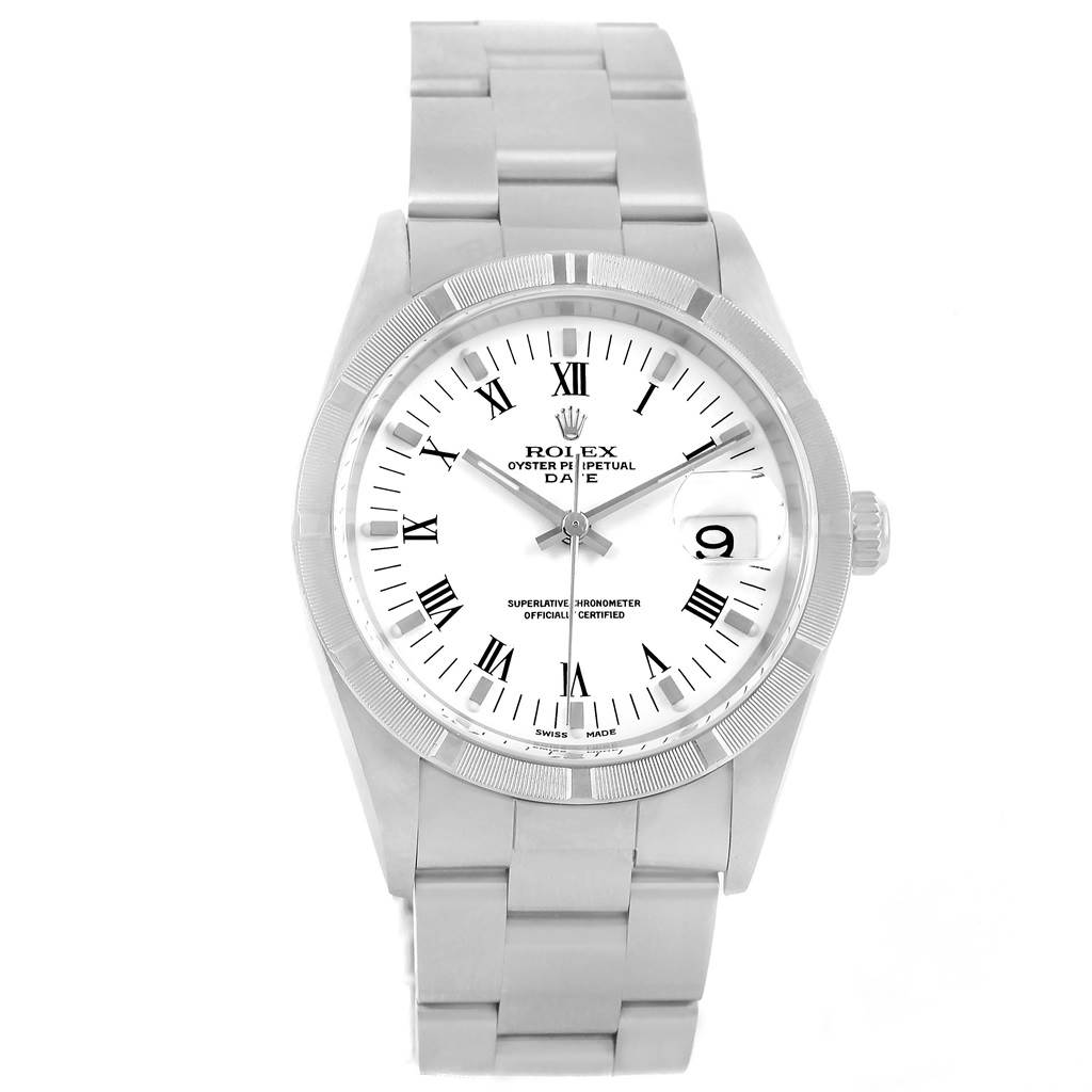 The image shows a front view of a Rolex Date 15210 Men's Stainless Steel White Dial 15210 Men's Stainless Steel White Dial model watch featuring a white dial with Roman numerals and a date window at 3 o'clock.