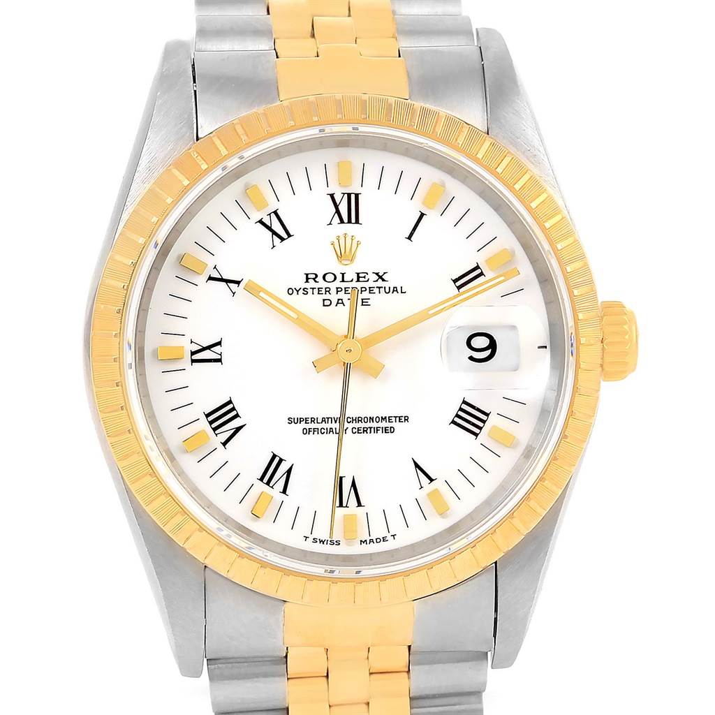 This image shows a frontal view of a Rolex Date 15223 Men
s Steel and Gold (two tone) White Dial 15223 Men
s Steel and Gold (two tone) White Dial model watch, showcasing the dial, bezel, and bracelet.