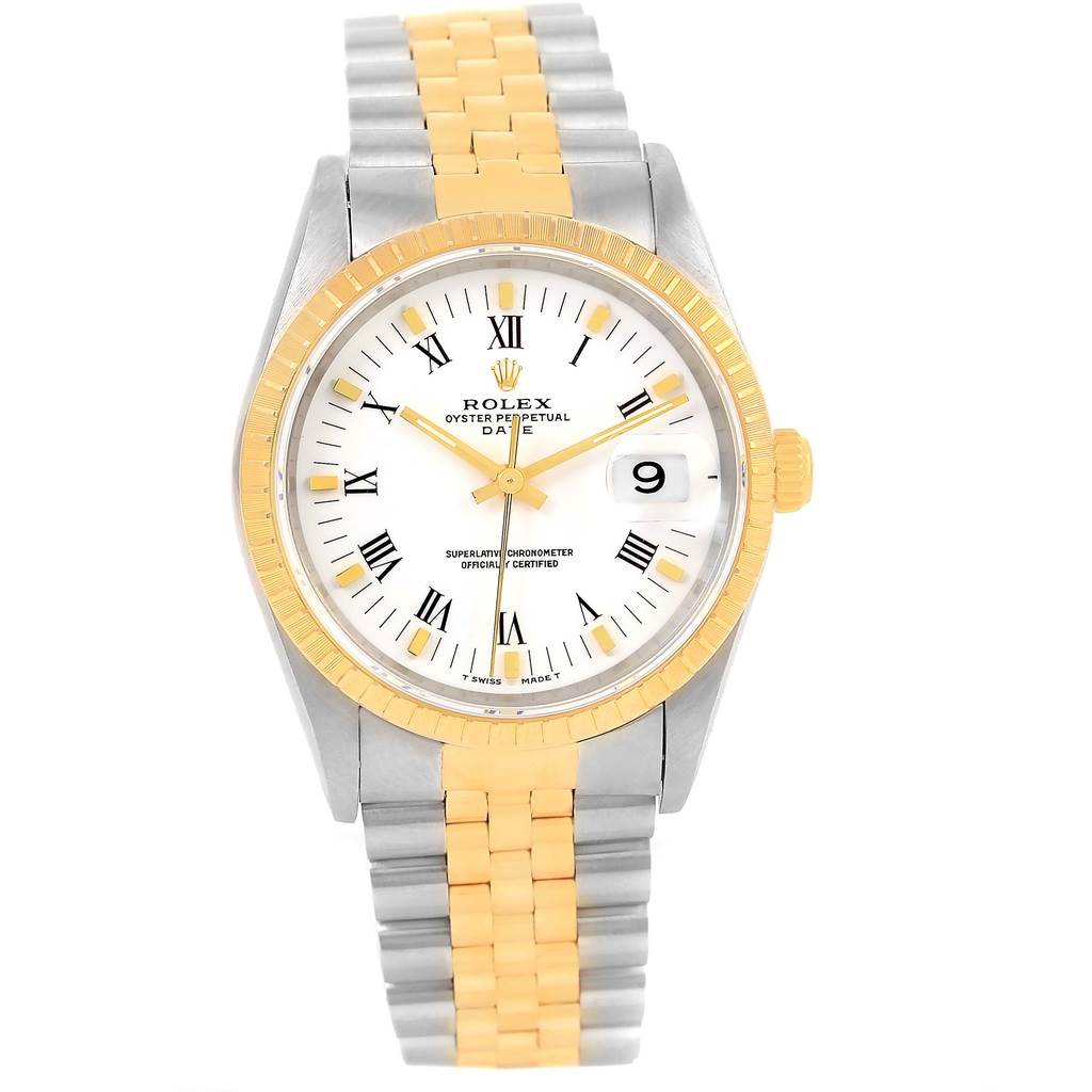 The Rolex Date 15223 Men
s Steel and Gold (two tone) White Dial 15223 Men
s Steel and Gold (two tone) White Dial model watch is shown at a straight-on angle, highlighting its face, bezel, and two-tone metal bracelet.