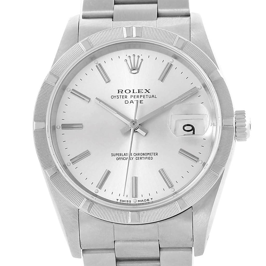 The Rolex Oyster Perpetual Date watch is shown from the front angle, displaying its dial, bezel, and part of the bracelet.
