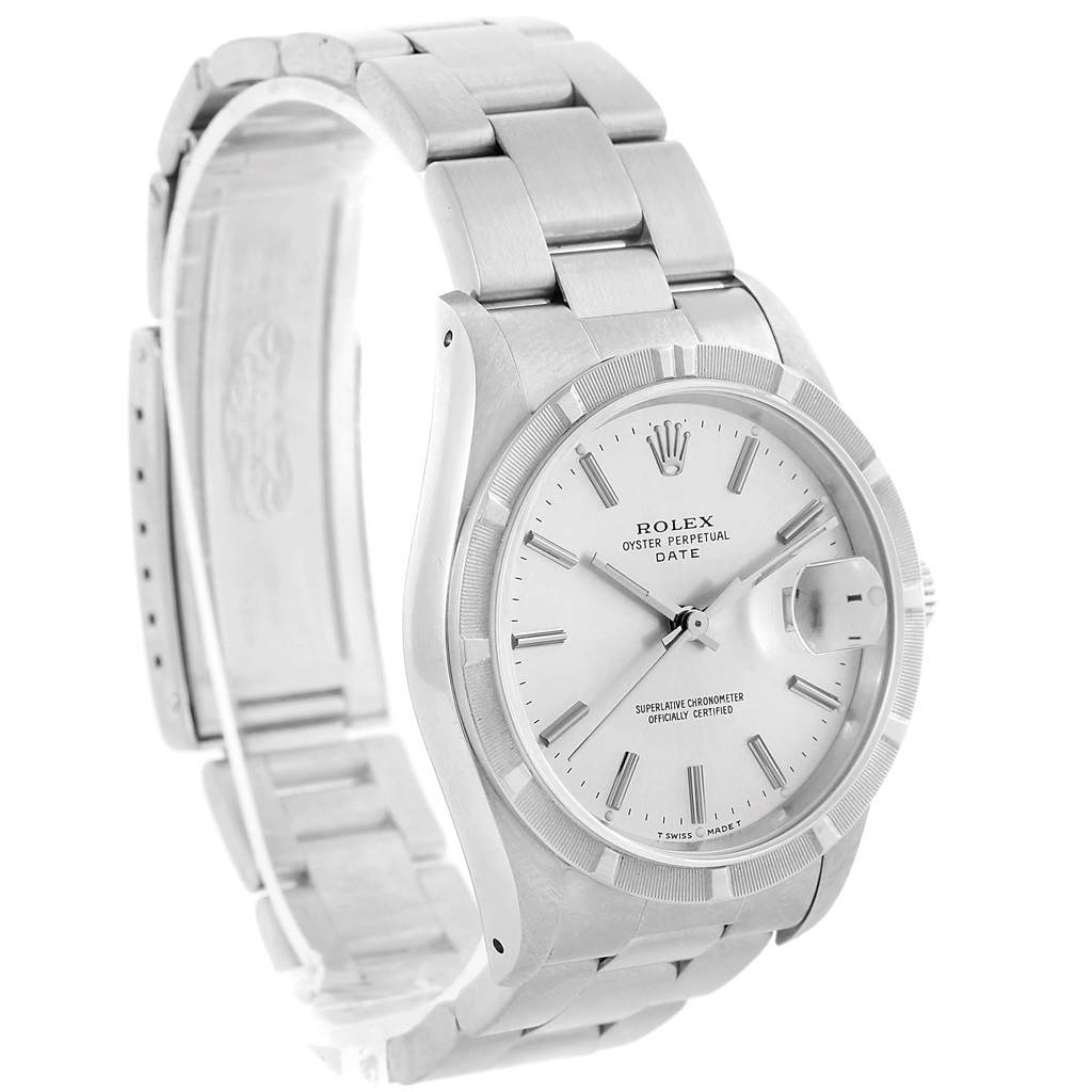 The image shows a Rolex Date 15210 Men's Stainless Steel Silver Dial 15210 Men's Stainless Steel Silver Dial model watch at a slight angle, highlighting its bracelet, bezel, and dial.