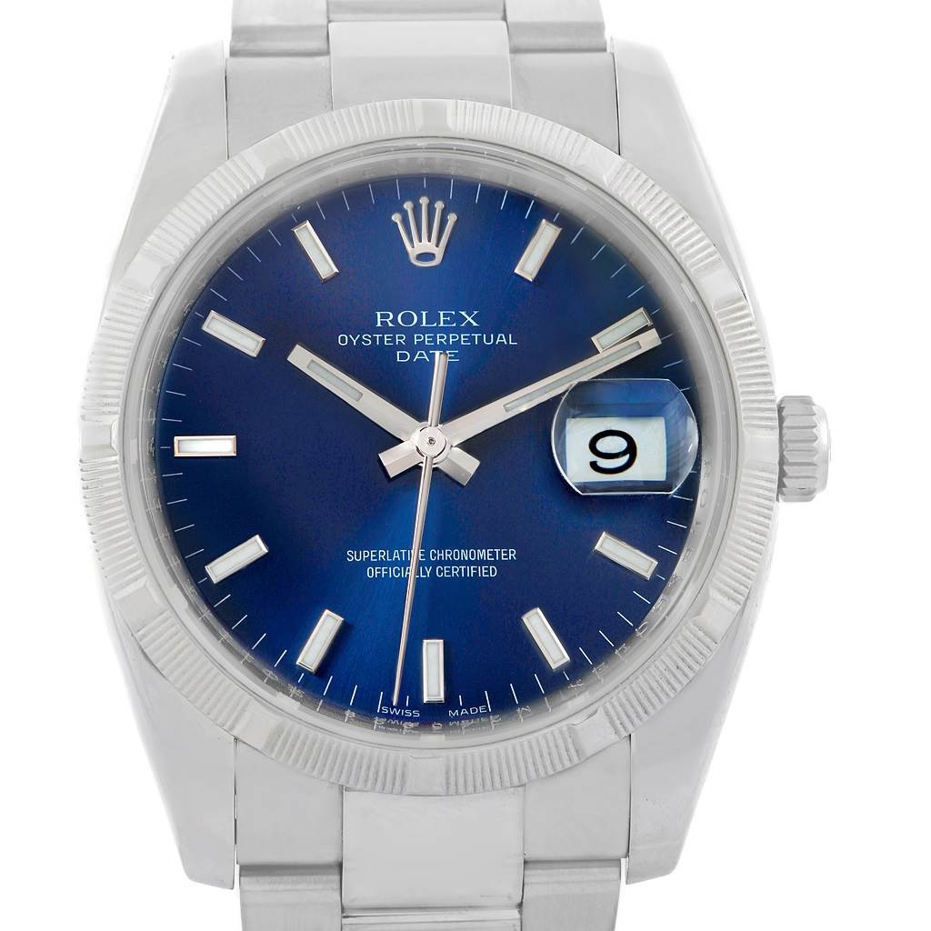 This image shows a front view of a Rolex Date 115210 Men's Stainless Steel Blue Dial 115210 Men's Stainless Steel Blue Dial model watch, featuring its blue dial, date window, and bracelet.