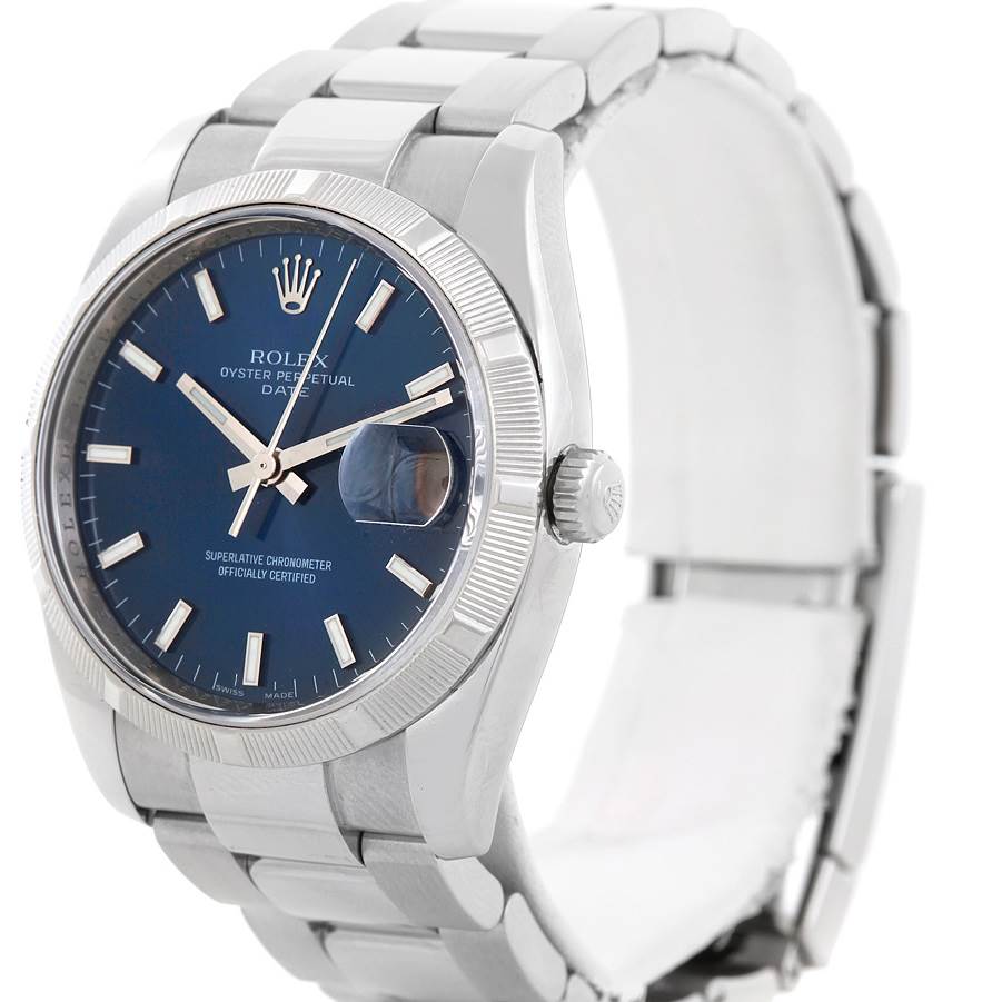 The image shows a Rolex Date 115210 Men's Stainless Steel Blue Dial 115210 Men's Stainless Steel Blue Dial watch angled from the front-left, displaying the dial, bezel, crown, and part of the bracelet.