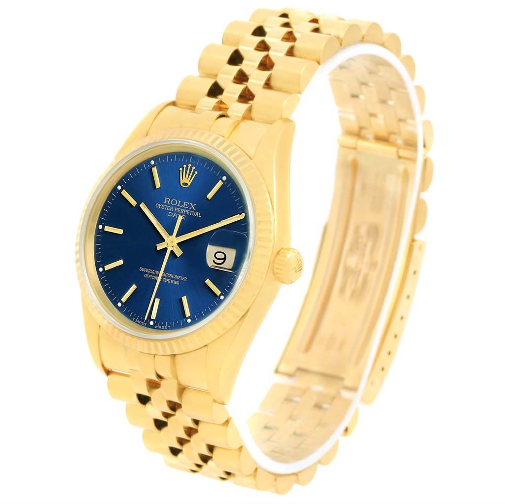 This image shows a Rolex Date 15238 Men's Yellow Gold Blue Dial 15238 Men's Yellow Gold Blue Dial model watch angled to display the face, crown, and bracelet.