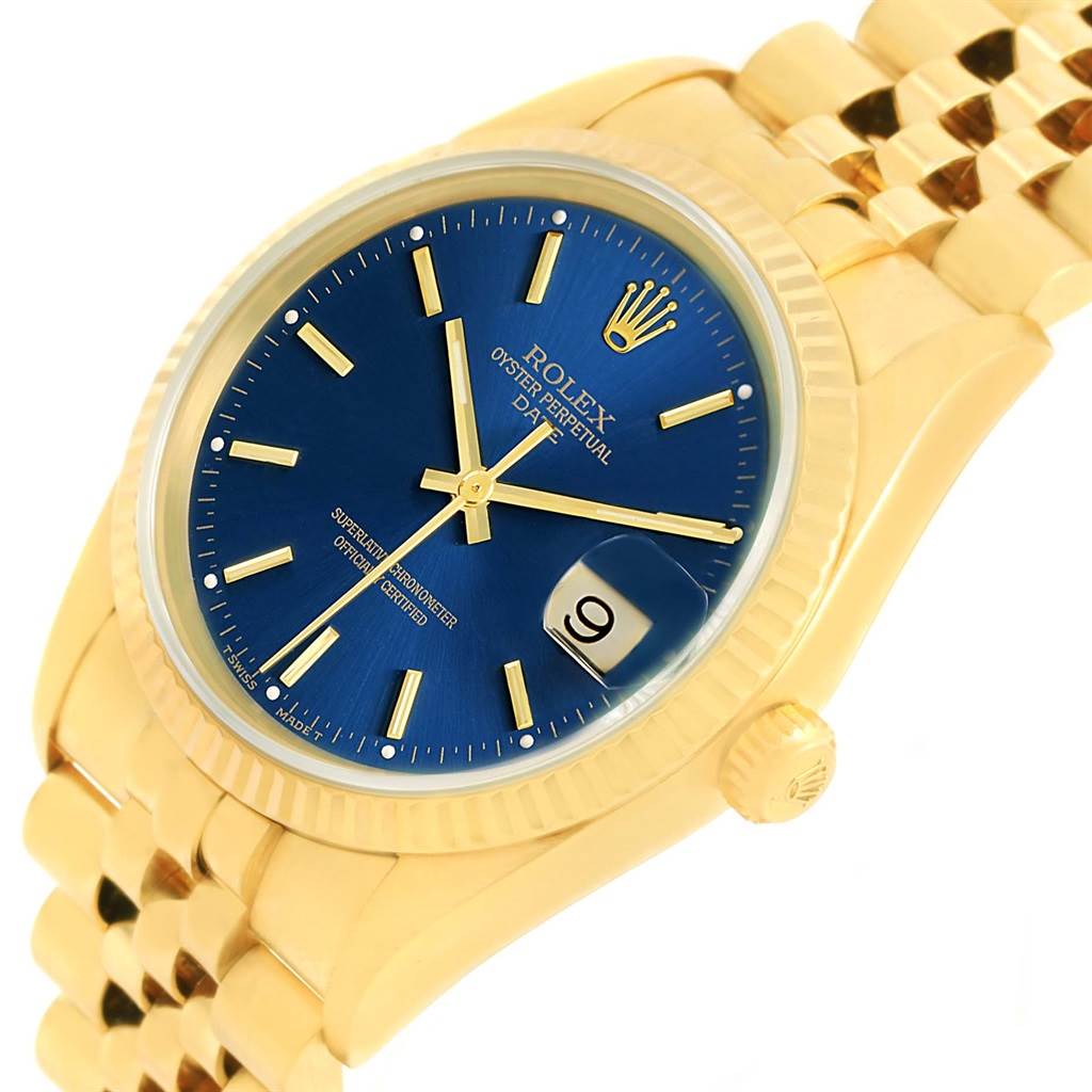 The image shows a Rolex Date 15238 Men's Yellow Gold Blue Dial 15238 Men's Yellow Gold Blue Dial model watch at a slight angle, highlighting the blue dial, gold bracelet, and fluted bezel.